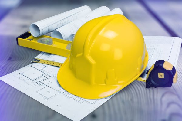 yellow hard hat and tools on blueprints