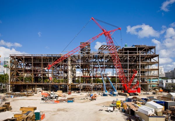 Construction site with red crane