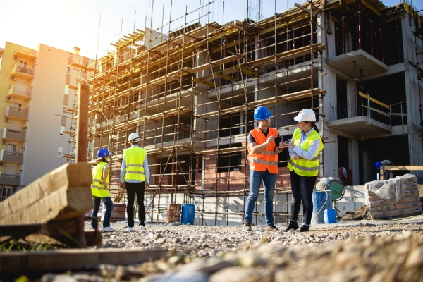 Four Construction Workers on site with scaffolding