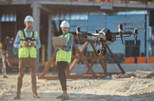 Drone inspection. Operator inspecting construction site Drone on a Construction Site