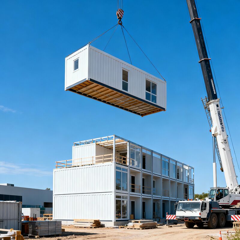 Modular building under construction with a crane lifting a prefabricated unit on a clear day at a modern construction site.